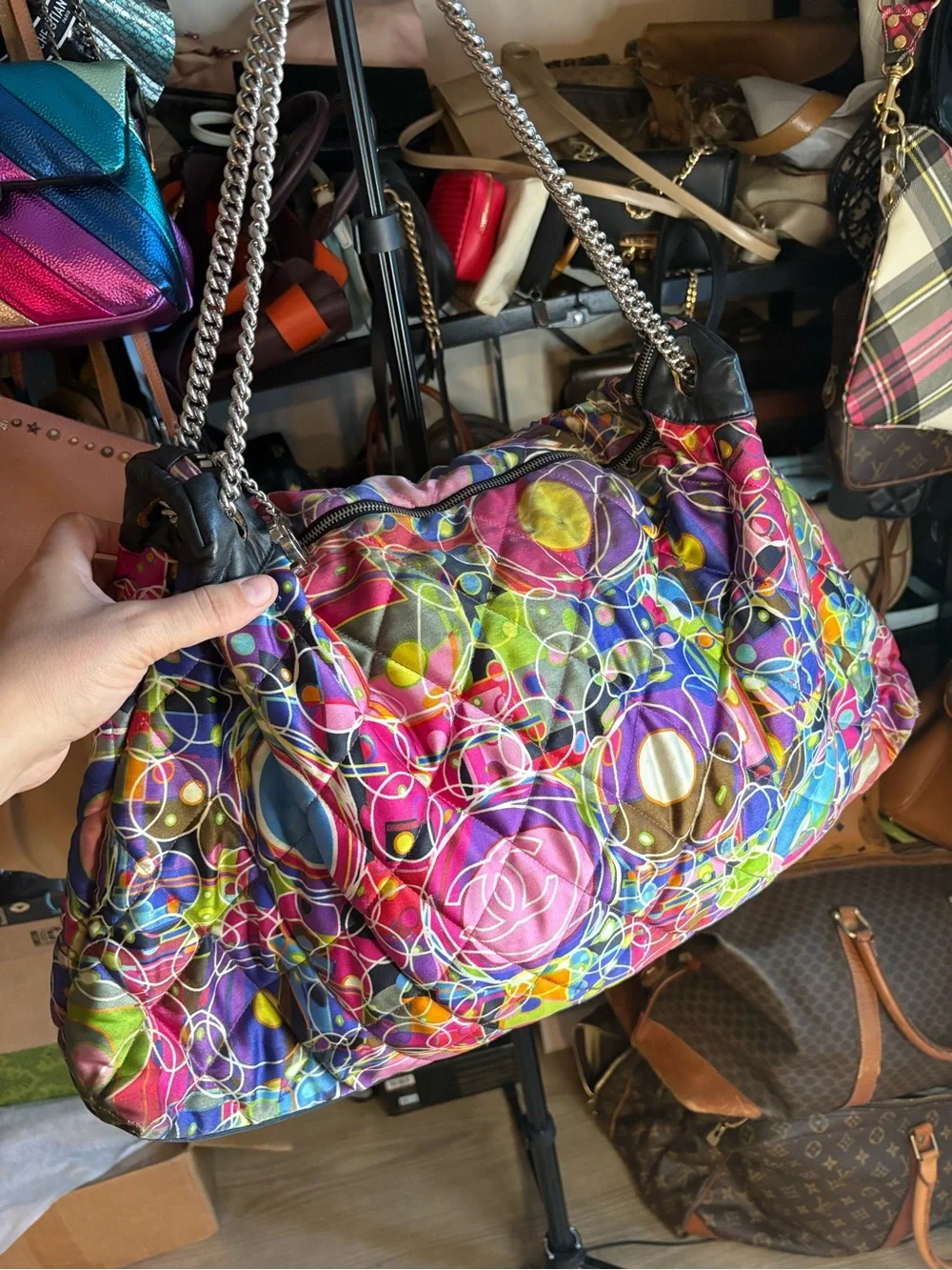 Chanel Multicolor Quilted Chain-Handle Shoulder Bag read description